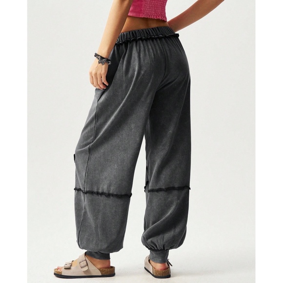 Boho Cotton Black Flower Patch Stretchy Waist Joggers Pants - Picture 3 of 6